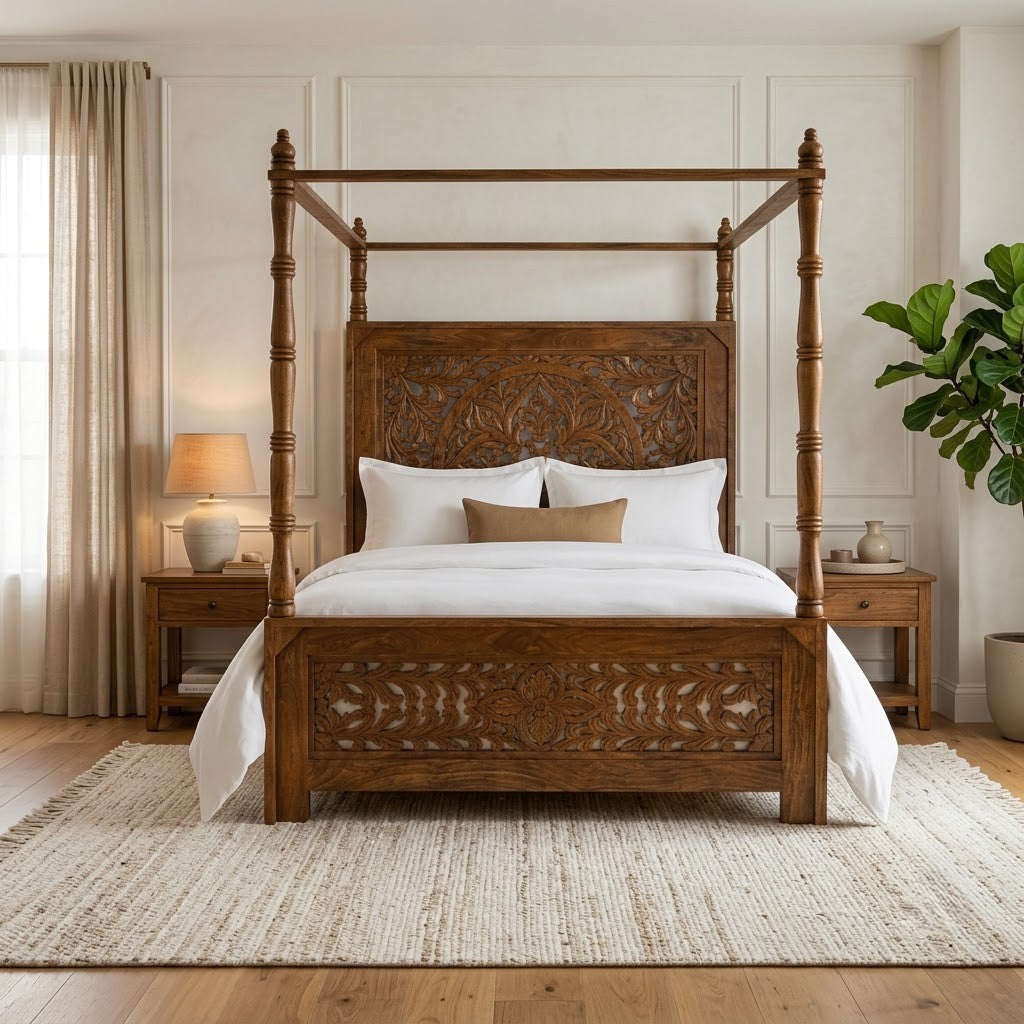 PRITI handcrafted wooden poster bed with floral carved headboard