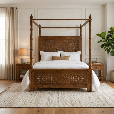 PRITI handcrafted wooden poster bed with floral carved headboard