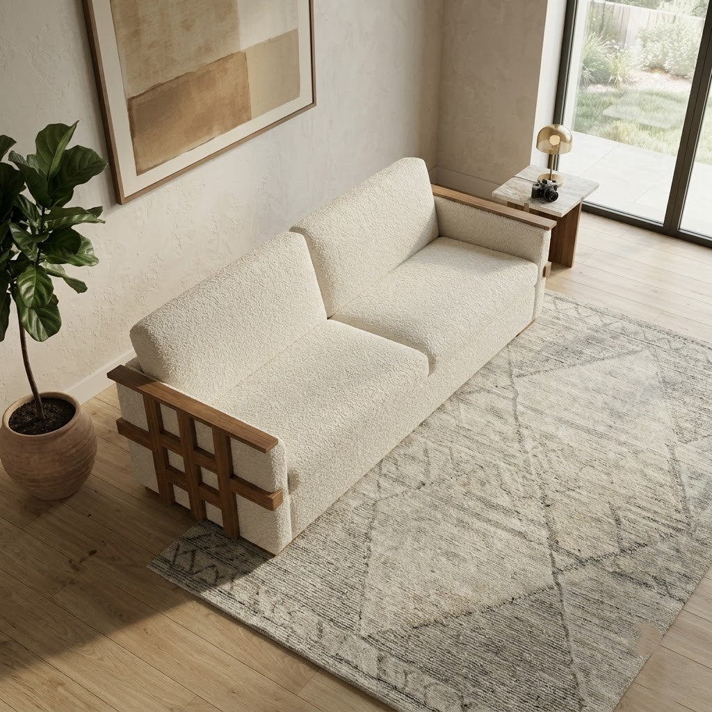 PRITI handcrafted wooden sofa in dark walnut finish with plush cream fabric