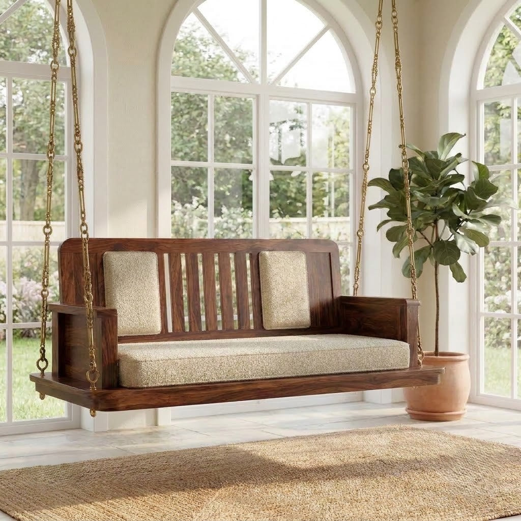 PRITI handcrafted wooden swing chair with cane backrest and walnut finish