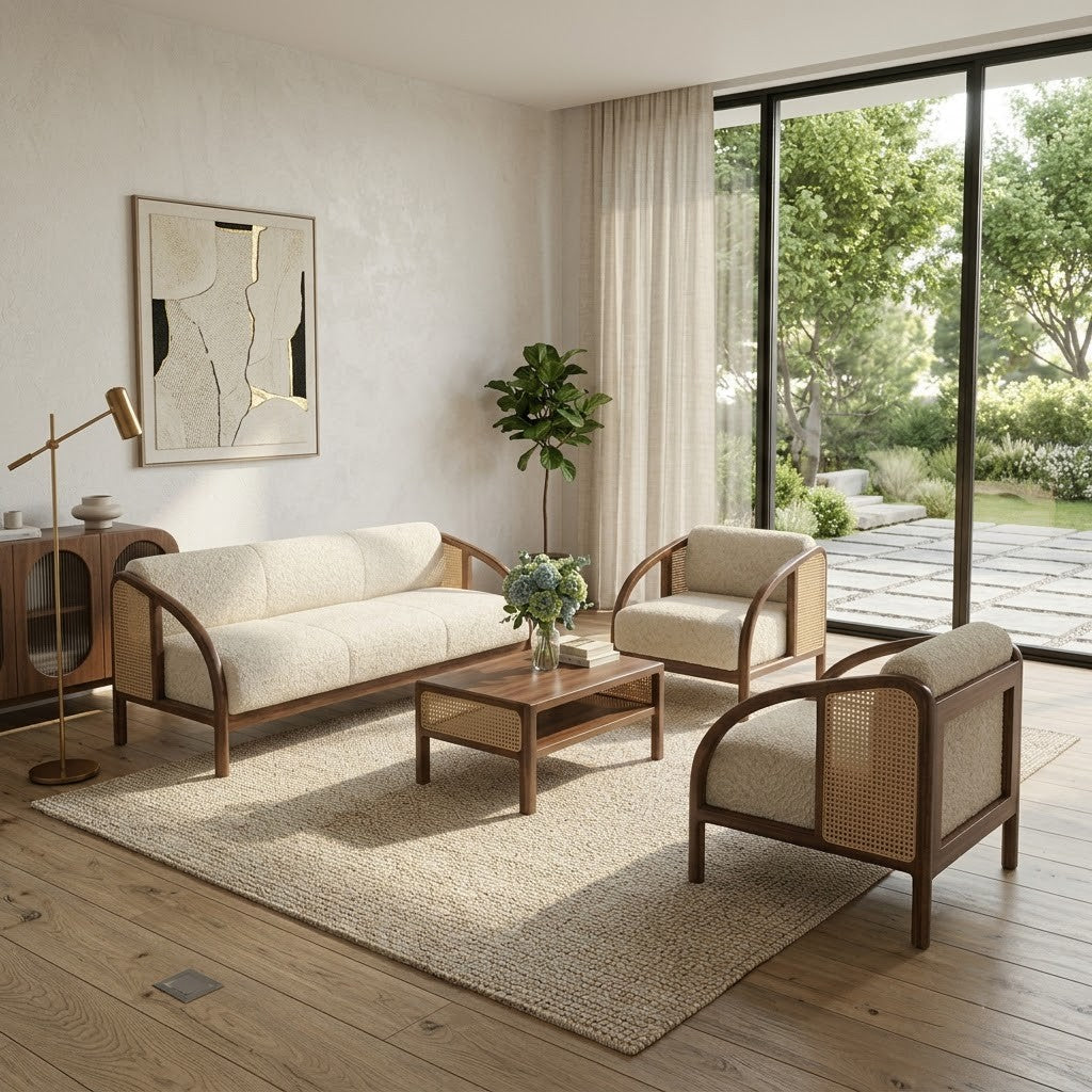 PRITI hard wood 3 seater and 1 seater sofa set in green upholstery