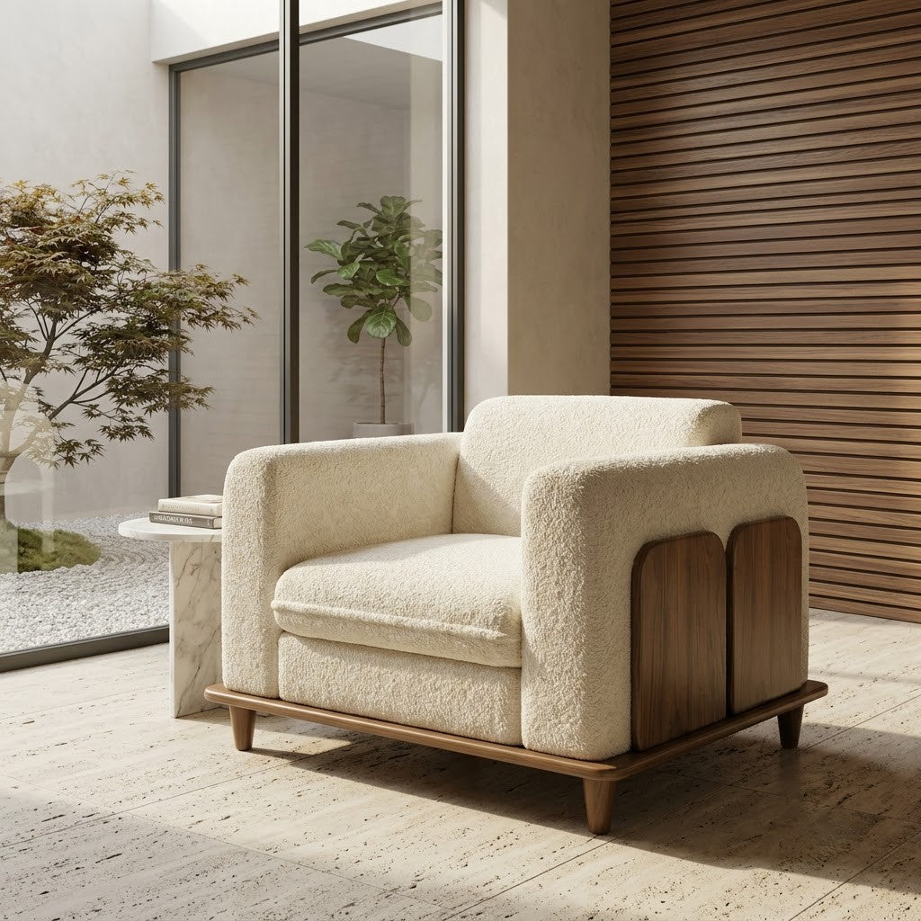 PRITI hard wood sofa set with Crème Boucle fabric upholstery