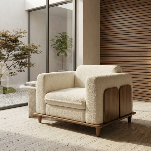PRITI hard wood sofa set with Crème Boucle fabric upholstery