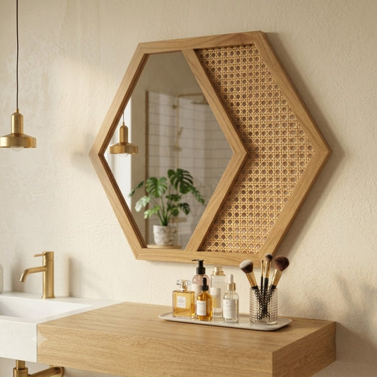 PRITI hexagonal acacia wood wall mirror with natural cane webbing