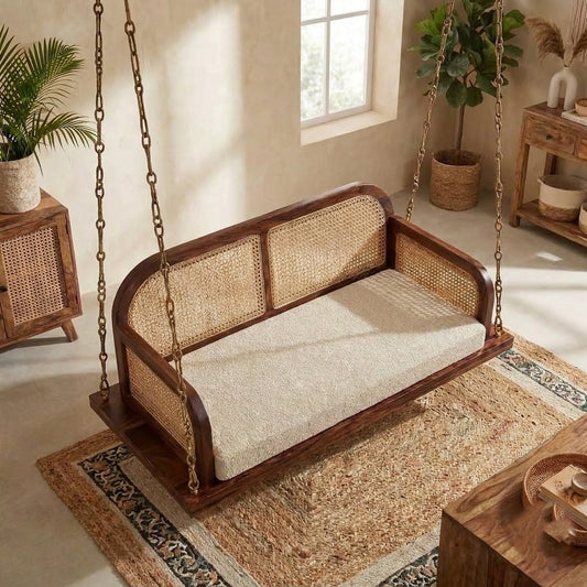 PRITI honey finish Sheesham wood 2 seater hanging swing chair for home