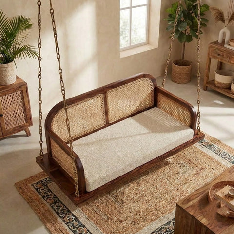 PRITI honey finish Sheesham wood 2 seater hanging swing chair for home