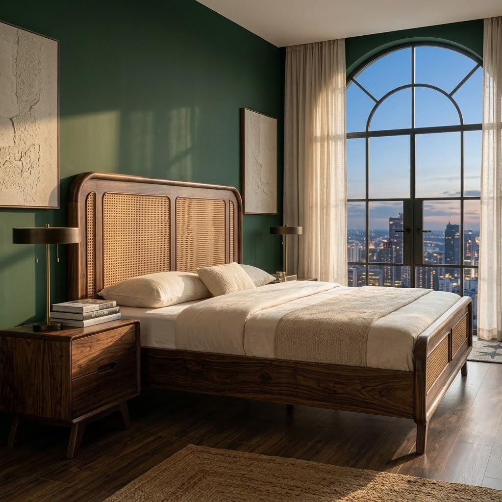 PRITI king size cane headboard bed in Sheesham wood