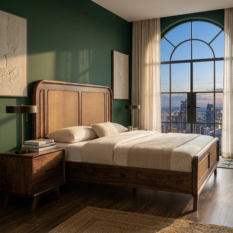 PRITI king size cane headboard bed in Sheesham wood