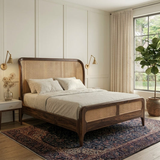 PRITI king size wooden bed with cane weaving headboard design