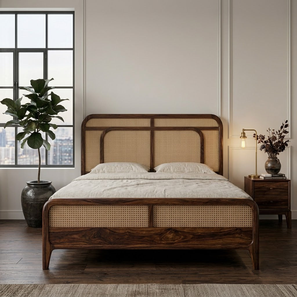 PRITI king size wooden bed with decorative cane weaving design