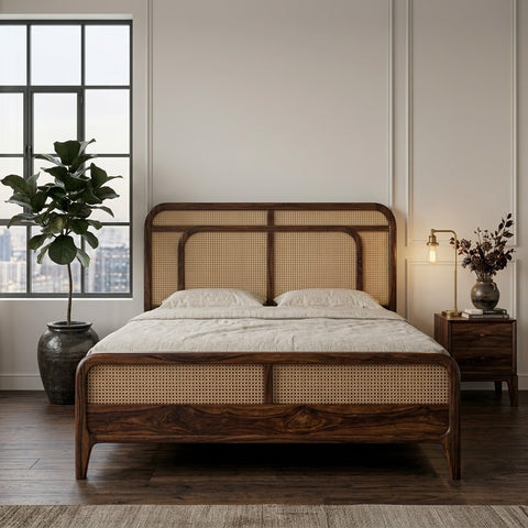 PRITI king size wooden bed with decorative cane weaving design