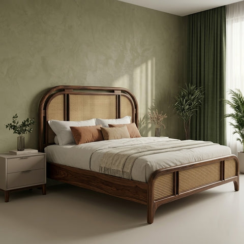 PRITI king size wooden bed with decorative cane weaving