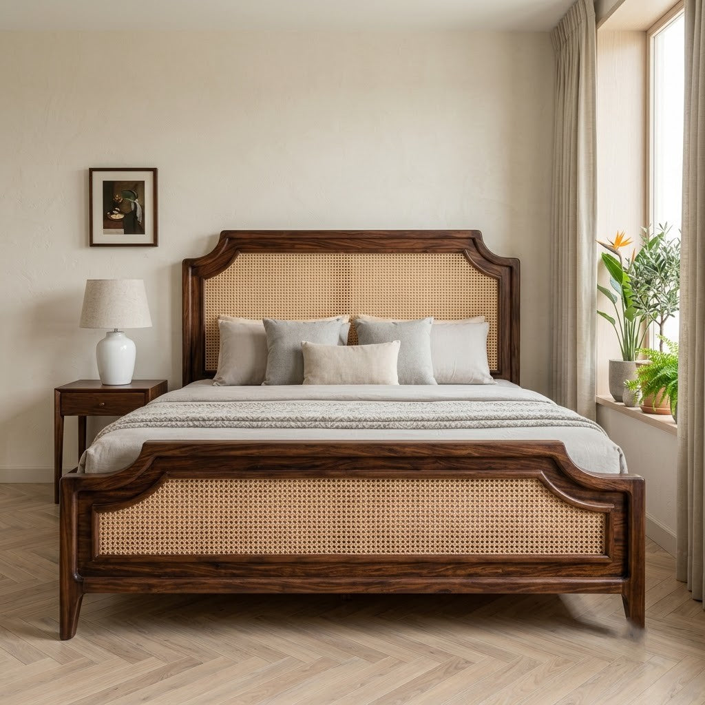 PRITI king size wooden bed with woven cane headboard design
