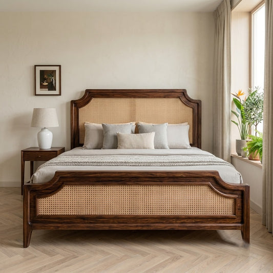 PRITI king size wooden bed with woven cane headboard design