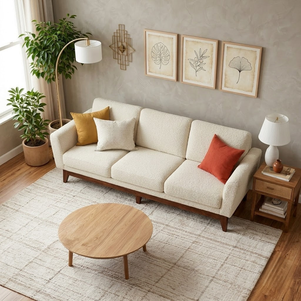 PRITI living room sofa in neutral Crème Boucle with wood frame