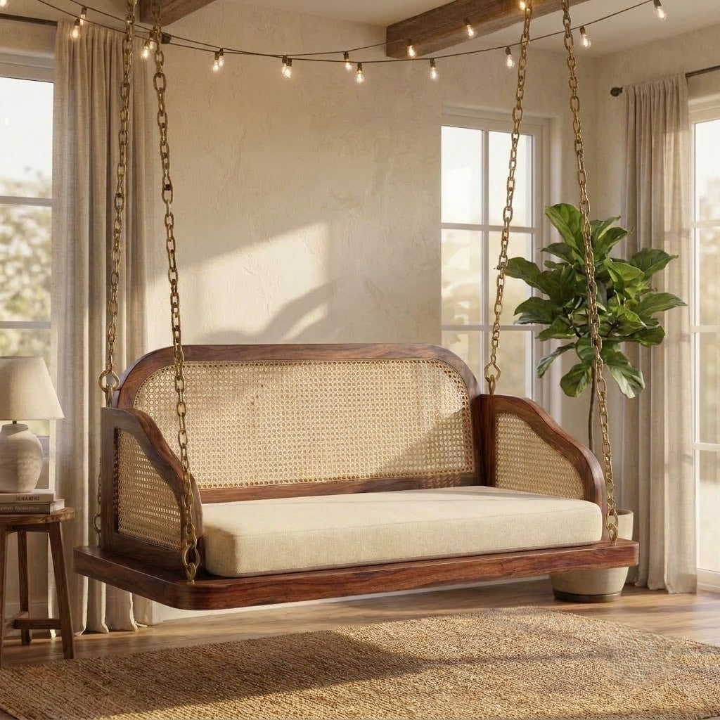 PRITI luxury 2 seater Sheesham wood swing chair with dark walnut finish