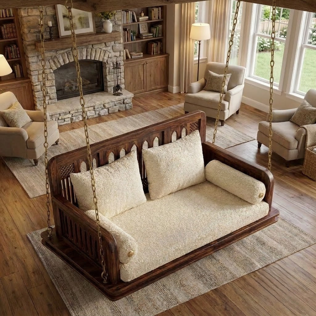 PRITI luxury Sheesham wood wooden jhula with crème boucle cushioned seat