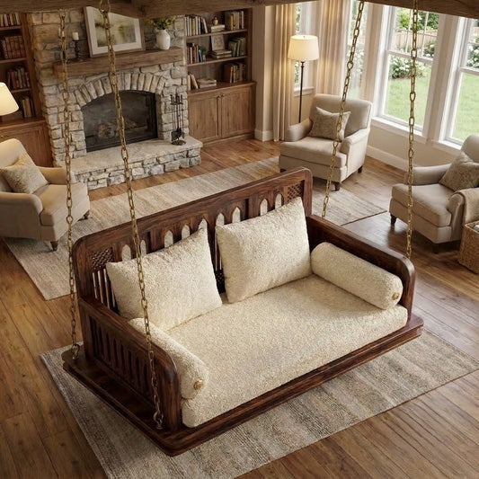 PRITI luxury Sheesham wood wooden jhula with crème boucle cushioned seat