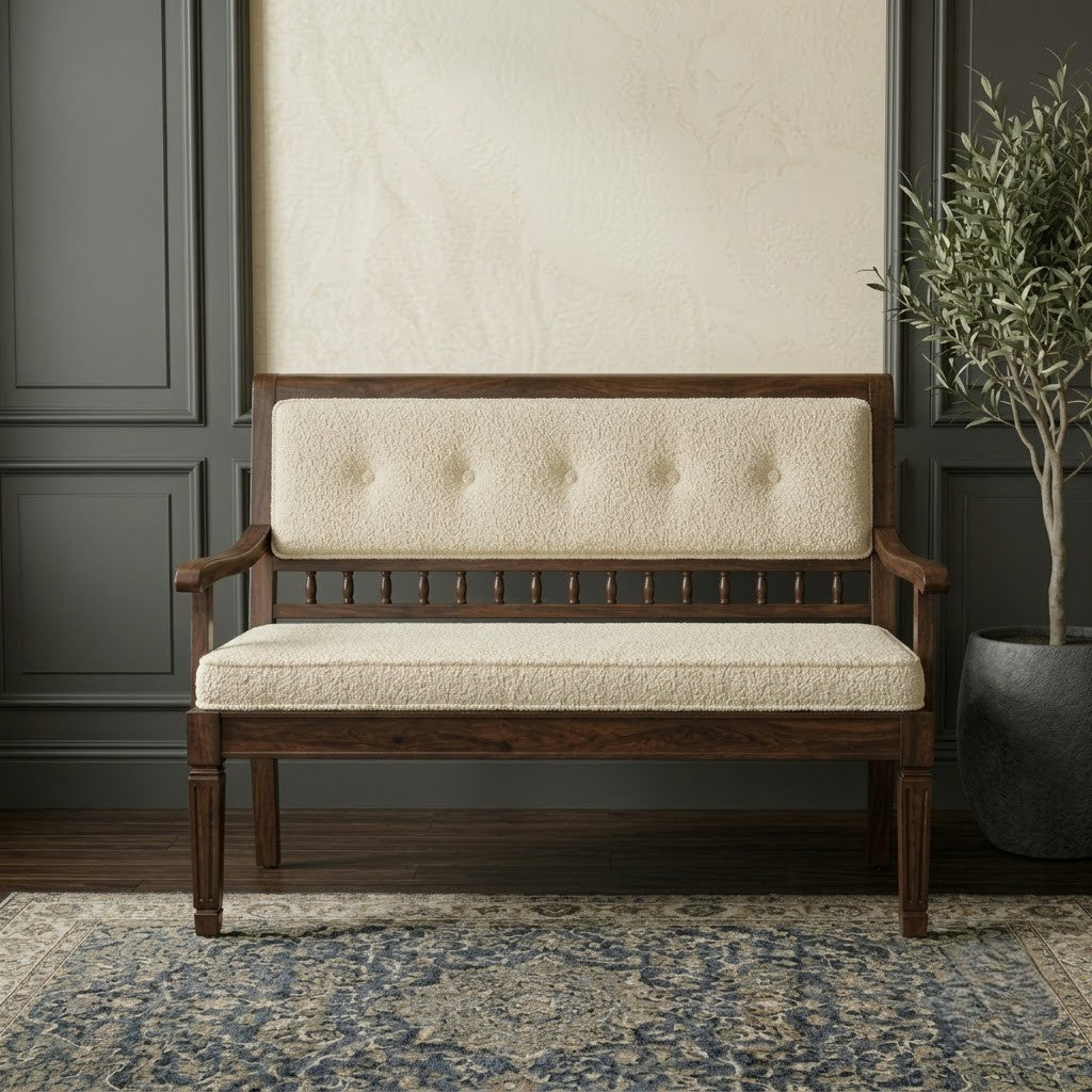 PRITI luxury wooden bench with boucle cushioned seat and carved armrests