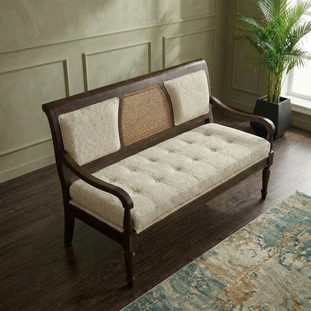 PRITI luxury wooden bench with crème boucle cushioned seat