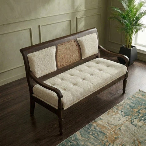 PRITI luxury wooden bench with crème boucle cushioned seat