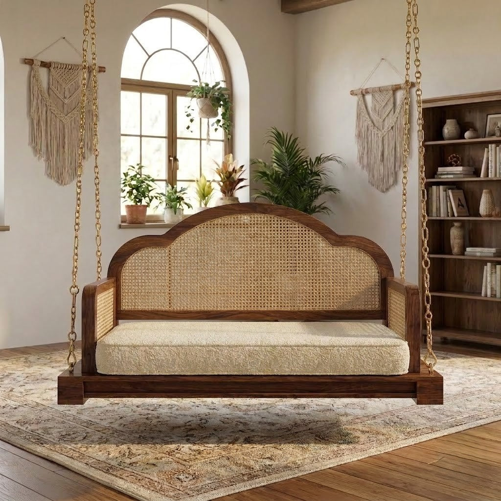 PRITI luxury wooden jhula with natural cane backrest and boucle cushioned seat