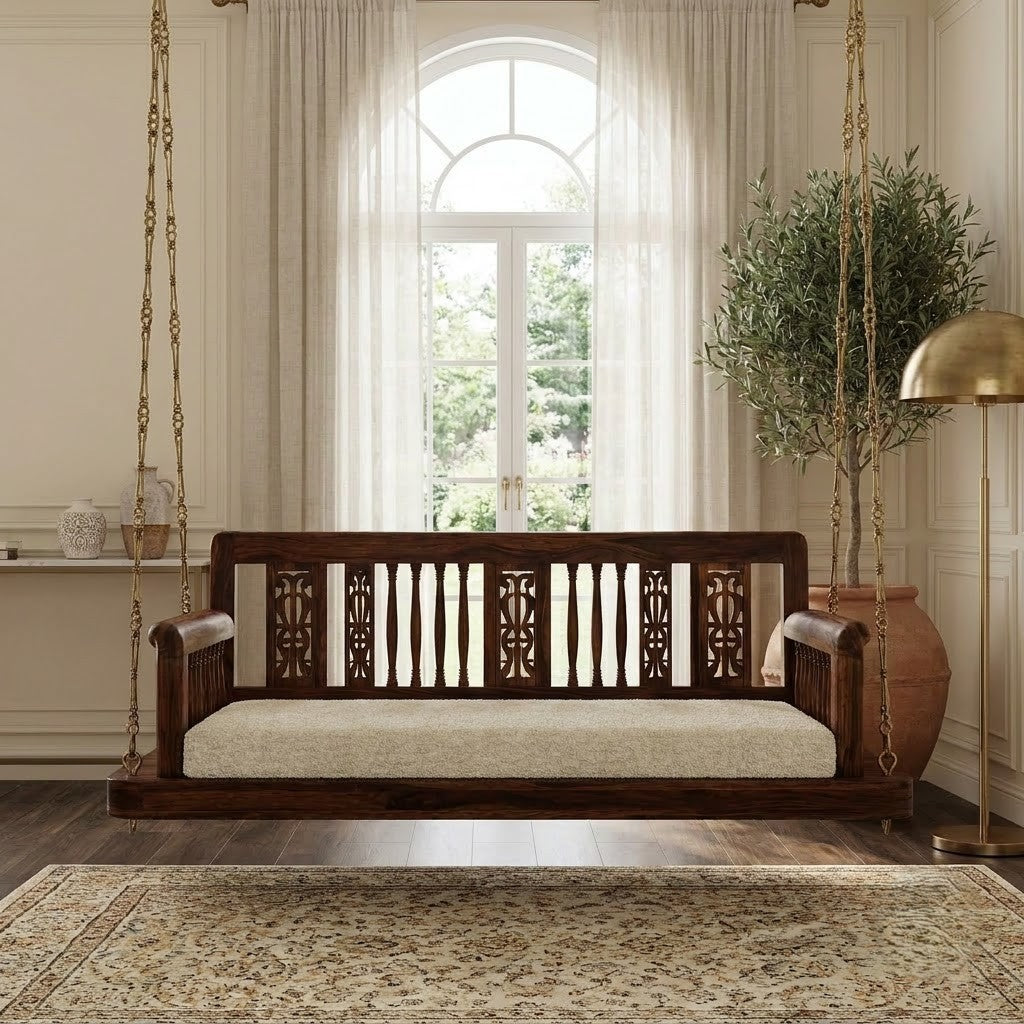 PRITI luxury wooden jhula with solid Sheesham wood frame and boucle cushion