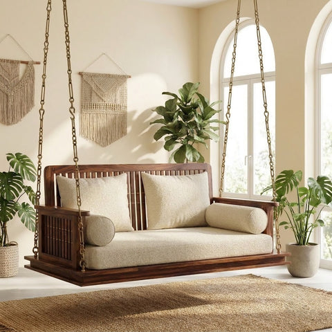 PRITI luxury wooden jhula with solid Sheesham wood frame and boucle cushioned seat