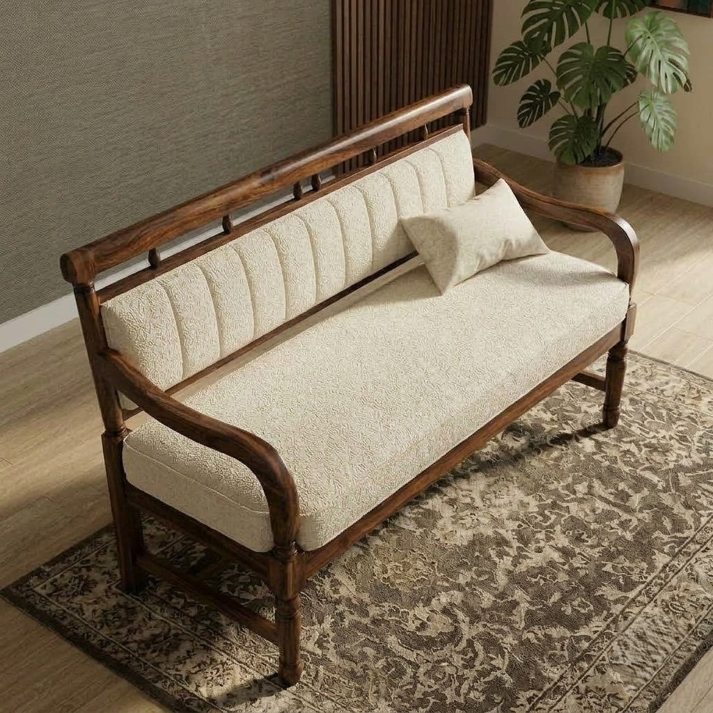 PRITI luxury wooden seating bench with curved arms and detailed legs