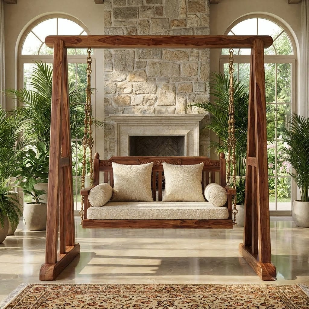 PRITI luxury wooden swing for home with crème boucle cushioned seating