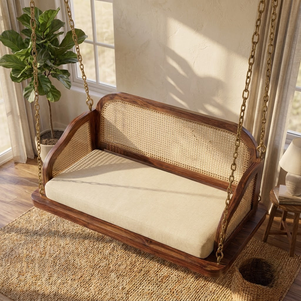PRITI luxury wooden swing with cane detailing and crème boucle upholstery