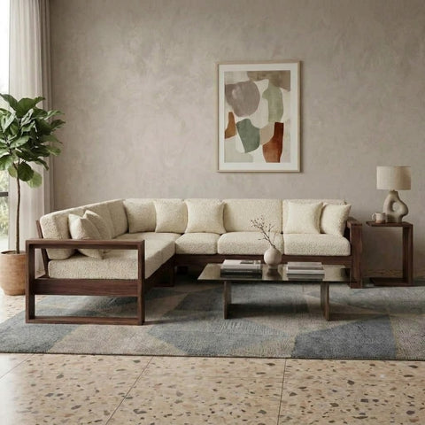 PRITI mahogany wood corner sofa with Crème Boucle upholstery