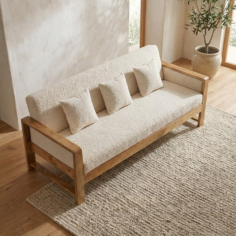 PRITI mango wood 3 seater sofa in natural finish with crème boucle fabric