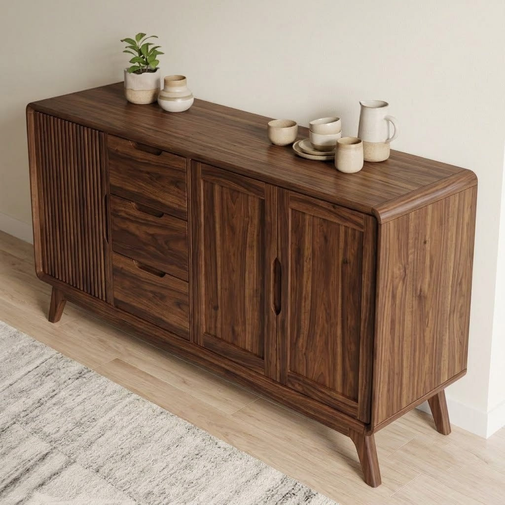 PRITI mid-century sideboard with fluted door panel and walnut finish