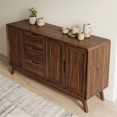 PRITI mid-century sideboard with fluted door panel and walnut finish