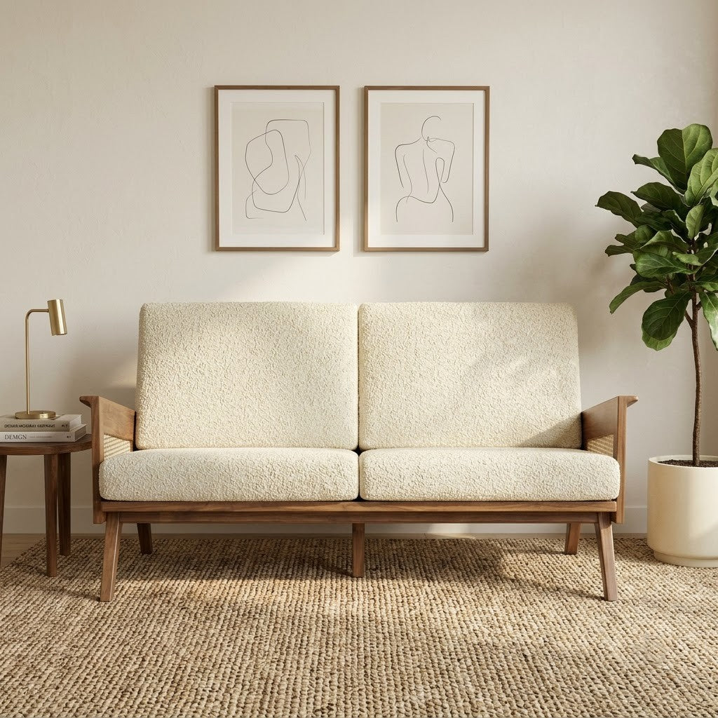 PRITI minimalist wooden sofa with cream boucle cushions