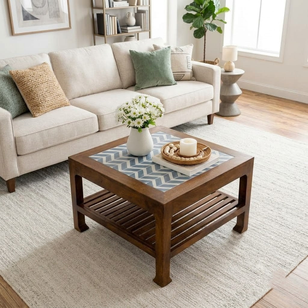 PRITI modern center table with walnut finish and lower storage shelf