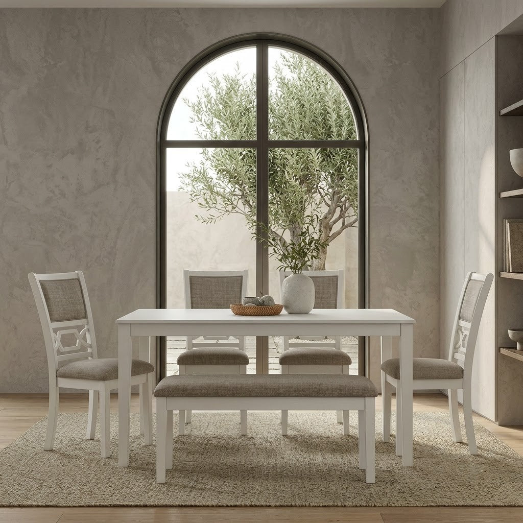 PRITI modern dining room set with white frames and grey upholstered seating