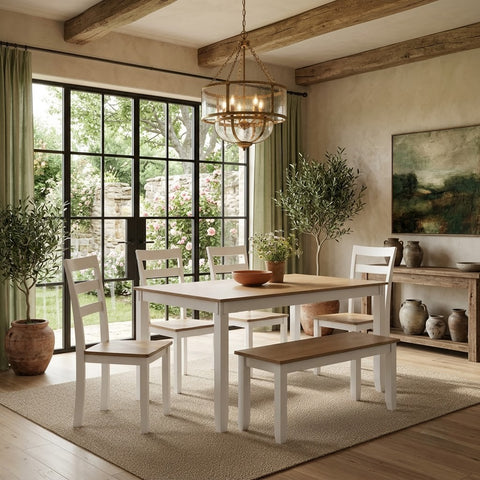 PRITI modern dining table set with natural wood top and white frame