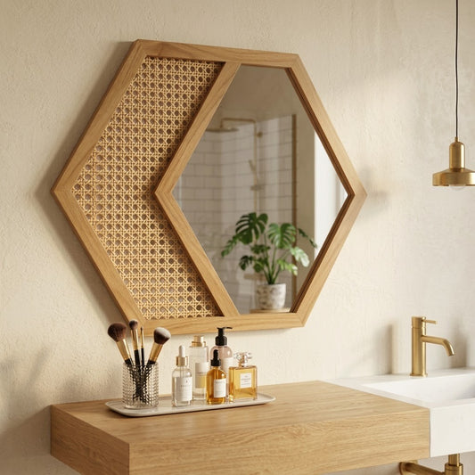 PRITI modern hexagonal wall mirror with acacia wood frame