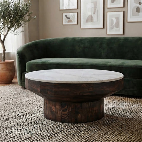 PRITI modern round coffee table with wooden base
