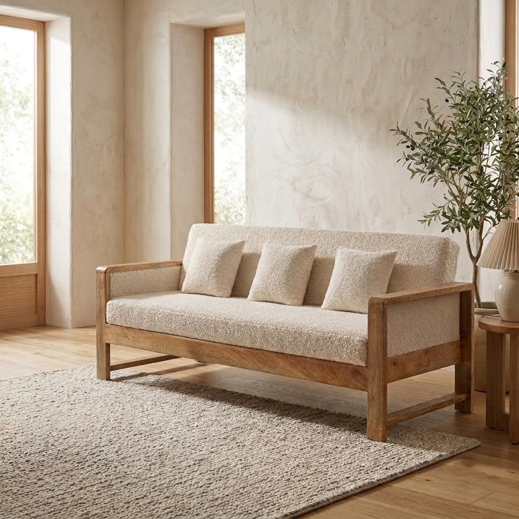 PRITI modern three-seater wooden couch with textured cream fabric