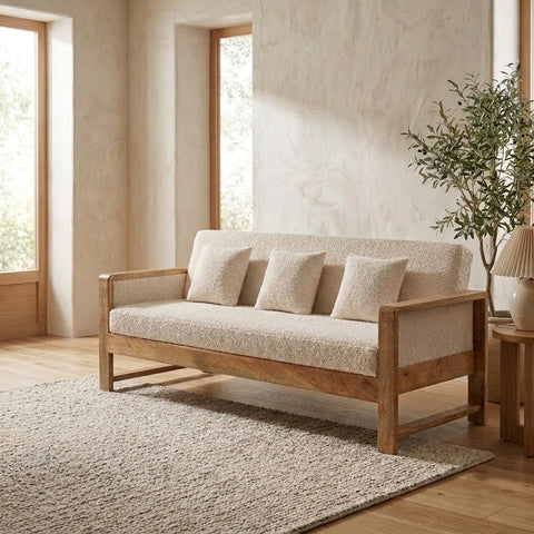 PRITI modern three-seater wooden couch with textured cream fabric