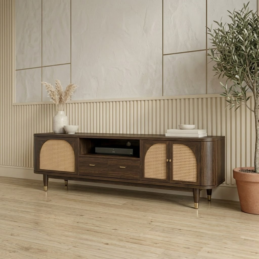 PRITI modern wooden TV cabinet with cane panel doors for 65-inch TV