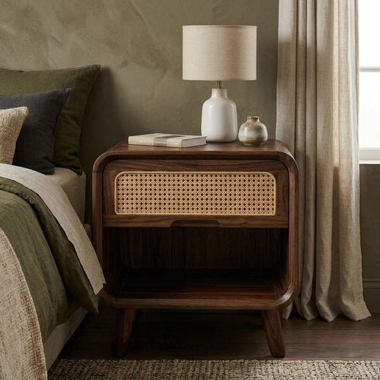PRITI modern wooden bedside cabinet with drawer and open shelf