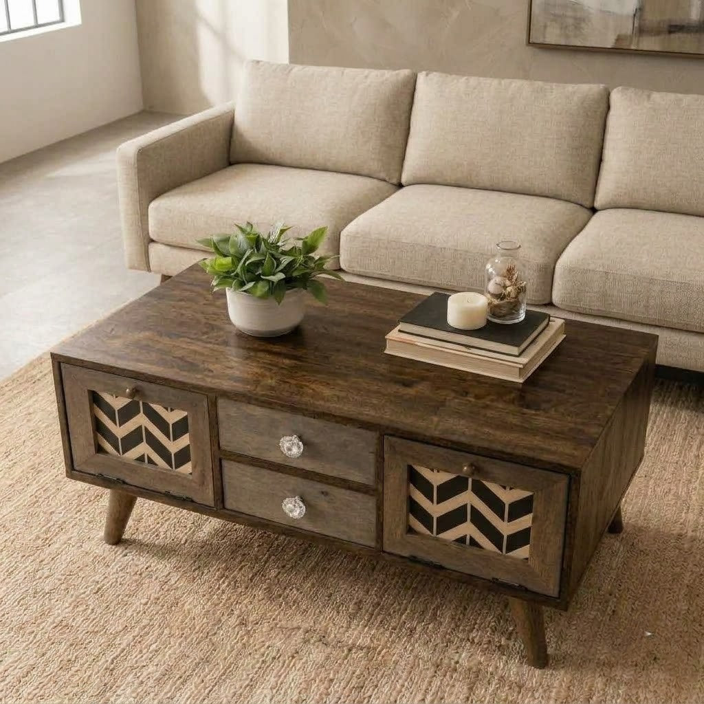 PRITI modern wooden coffee table with storage drawers for living room
