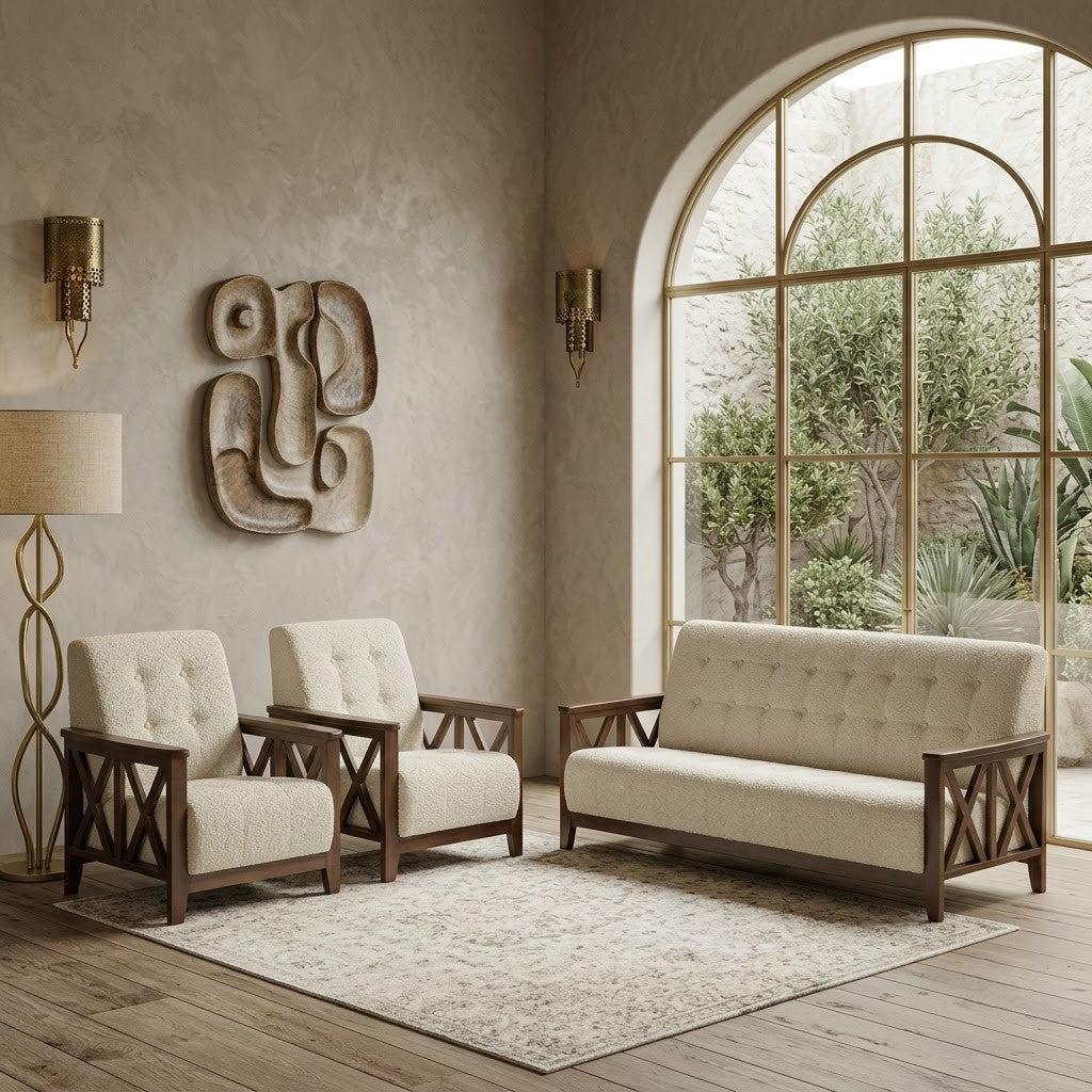 PRITI modern wooden sofa set 3+1+1 in Crème Boucle fabric