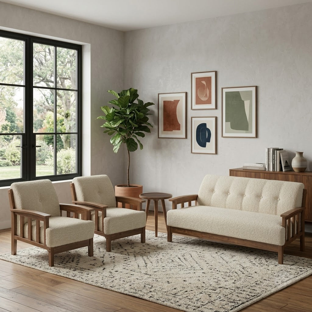 PRITI modern wooden sofa set 3+1+1 with crème boucle fabric