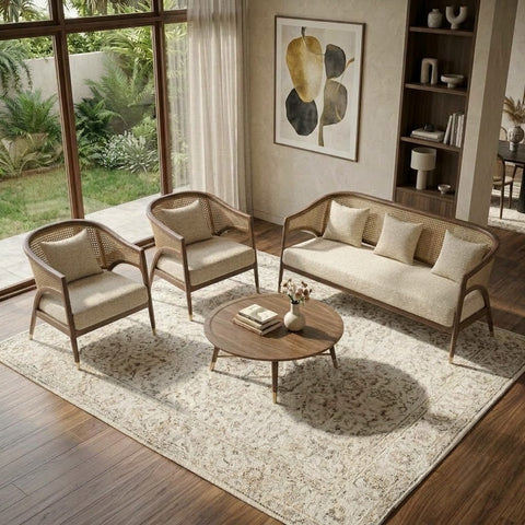 PRITI modern wooden sofa set with Crème Boucle cushions