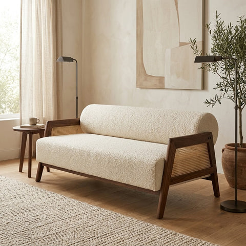 PRITI modern wooden sofa with crème boucle seating for contemporary homes